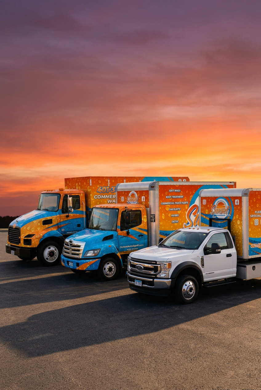 Sunset Pressure Washing fleet — three branded commercial trucks lined up at sunset